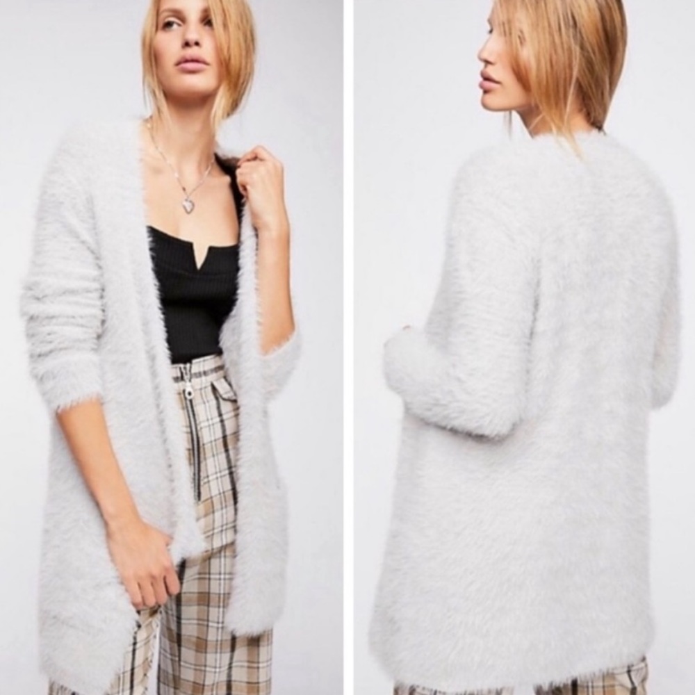 Free People Faux Fur Cardigan Silver Cloud